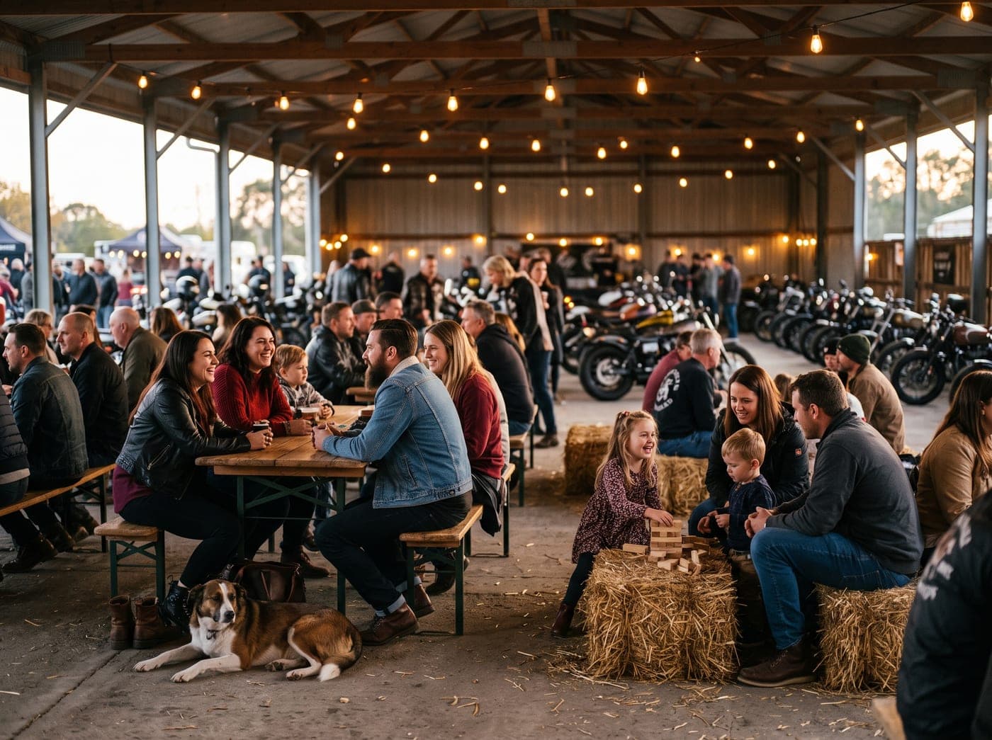 Famílias e motociclistas em mesas na área de convivência do festival