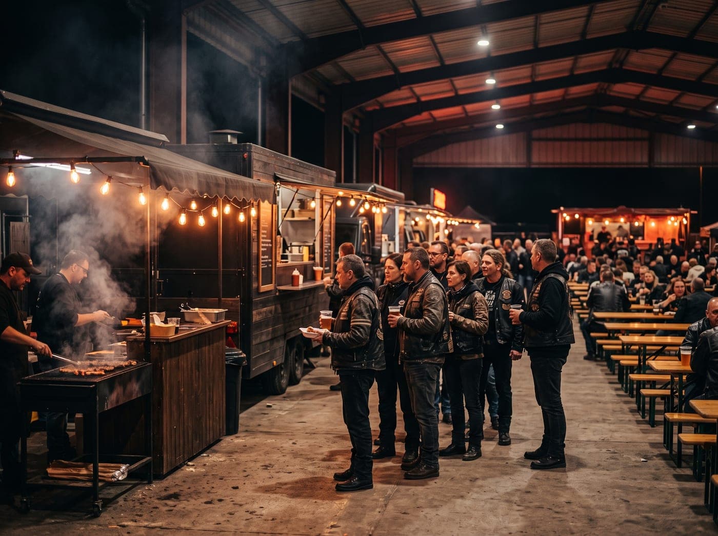 Estandes e food trucks com público circulando dentro do pavilhão