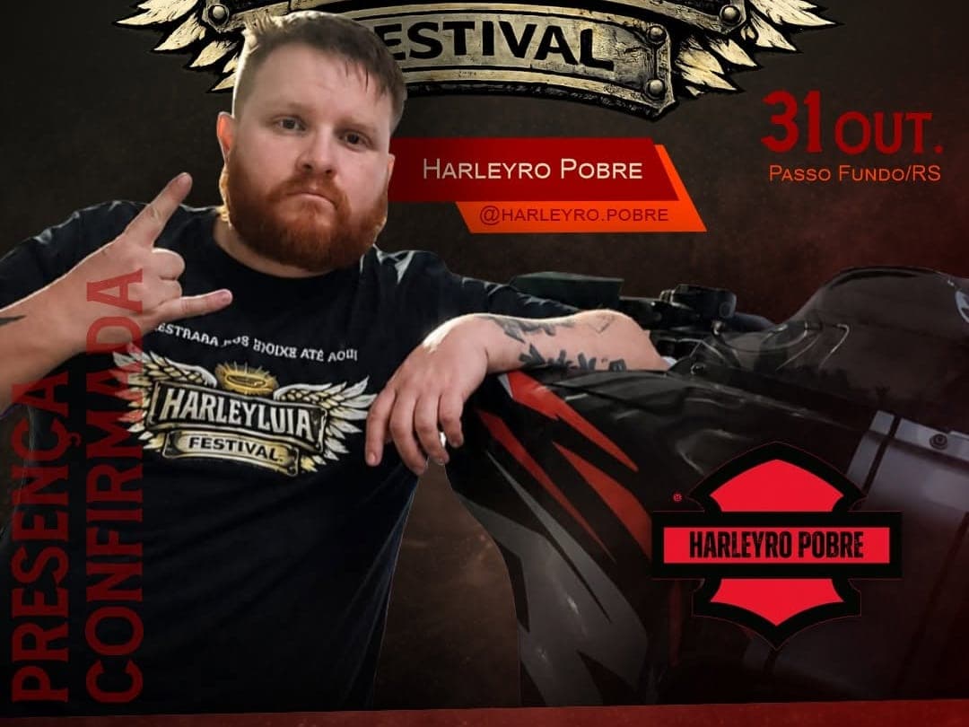 Card oficial do festival com o Harleyro Pobre ao lado de uma moto