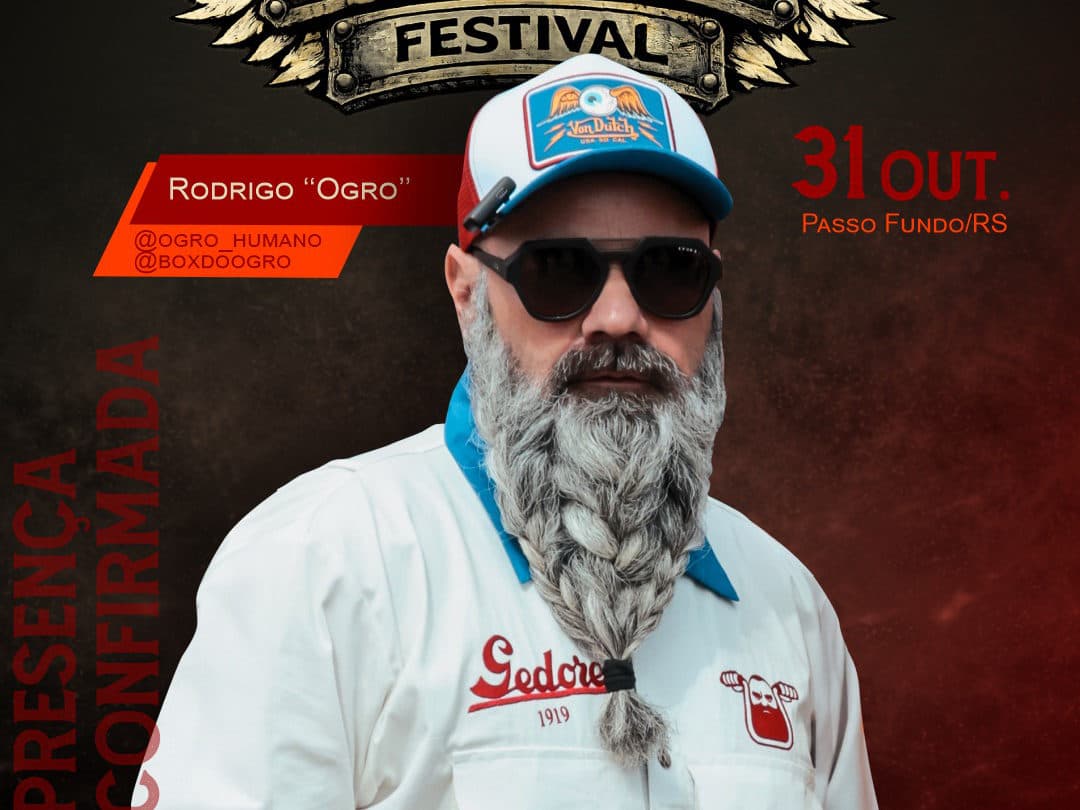 Card oficial do festival com Rodrigo Ogro de boné e barba trançada