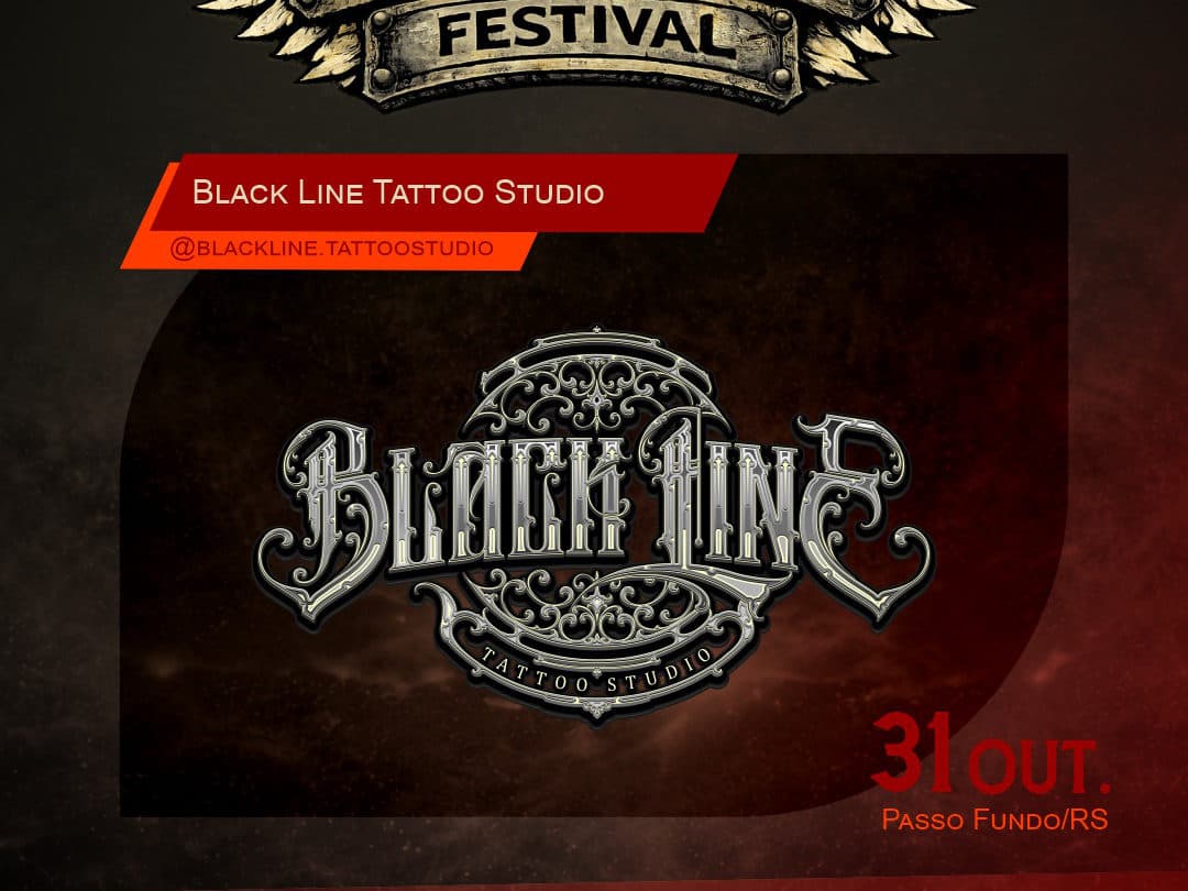 Card oficial do Harleyluia Festival anunciando Black Line Tattoo Studio como expositor