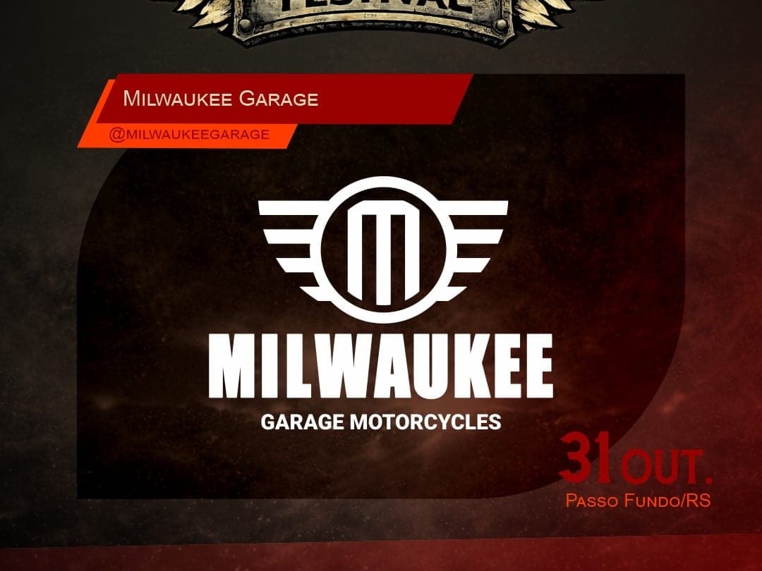 Card oficial do Harleyluia Festival anunciando Milwaukee Garage Motorcycles como expositor