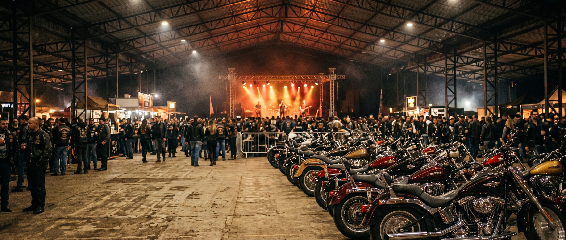 Motos custom enfileiradas dentro de pavilhão coberto, com palco iluminado ao fundo